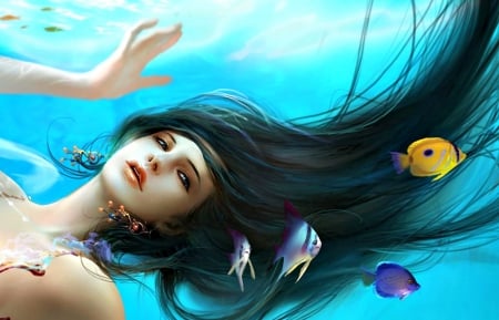 Mermaid - purple, animal, black, water, beauty, yellow, brunette, ocean, girl, blue, fantasy, mermaid, fish, sea, woman, underwater