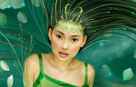 Mermaid - tang yuehui, rain of the petals, beauty, artwork, girl, fantasy, mermaid, woman, green