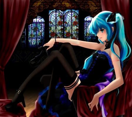 Hatsune Miku - nice, beauty, female, hot, anime girl, elegant, curtain, gorgeous, pretty, window, anime, miku, cute, maiden, hatsune miku, lady, sexy, girl, long hair, gown, lovely, hatsune, vocaloids, blue hair, vocaloid, beautiful, sweet, dress