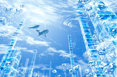 Aqua World - whale, anime, magic, blue, magical, hd, nice, sky, realistic, water, beautiful, beauty, lovely, sweet, ocean, bubble, cg, fantasy, underwater, bubbles, cloud, 3d, fish