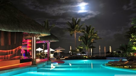 Swimming pool resort - arcitecture, water, night, summer, wallpaper, hd, nature, modern, pool