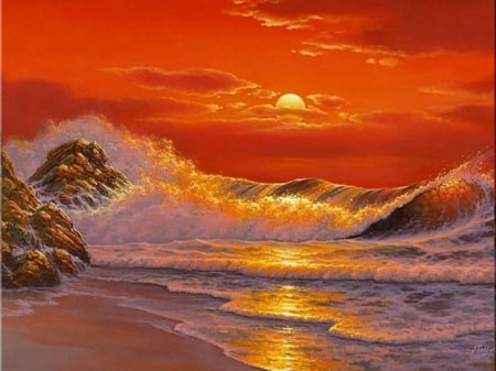 Golden Waves - sky, beach, orange, golden, sunset, sand, waves