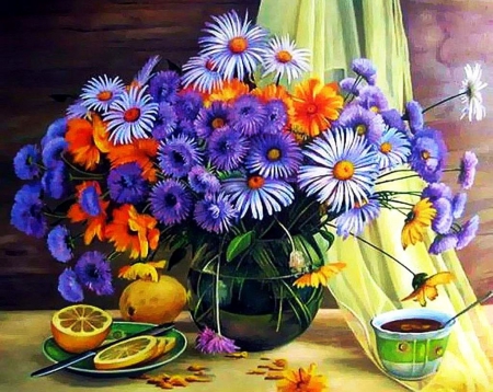 Floral Still Life - blossoms, artwork, citrus, tea, flowers