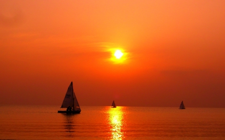 SUMMER EVENING SAILS - boats, sunset, summer, evening, sails