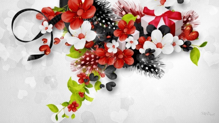 Flowers and Feathers - Bokeh, bows, flowers, red, Valentines Day, floral, feathers, hearts, ribbons