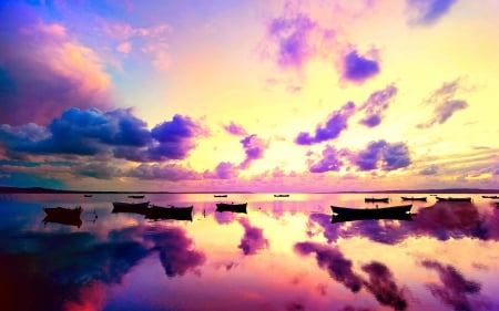 MORNING REFLECTION - nature, sky, lake, boats, reflection, clouds