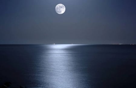 moon above the horizon - moon, horizon, bright spot, night, ocean