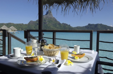 Breakfast in Bora Bora - beach, water, villa, polynesia, bora bora, breakfast, atoll, lagoon, holiday, food, relax, bungalow, ocean, islands, heaven, nature, eat, blue, island, sea, tahiti