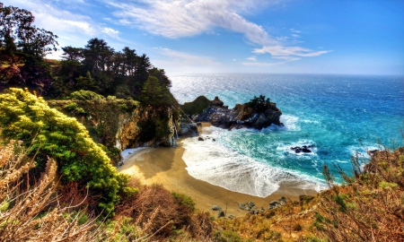 Coastline, California with Waterfall - cliff, sea, trees, water