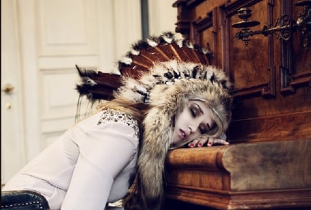 sleepy girl - asleep, piano, war bonnet, girl