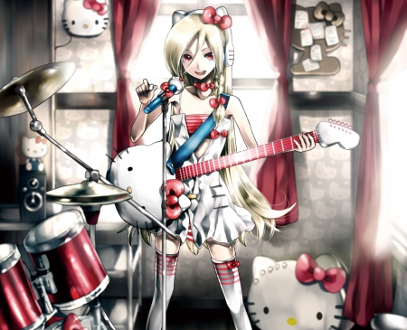 Kitty Girl - pretty, anime, kitty  cat, dress, light, pink, microphone, music, guitar, instruments, red, beautiful, windows, rock, drums, girl, beauty, lovely, sweet, white, cute, kitty