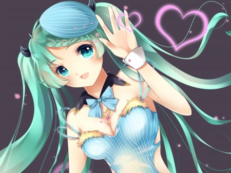 Vocaloid - beauty, aqua, girl, heart, music, long hair, black, neon, pretty, blue, beautiful, tie, anime, sweet