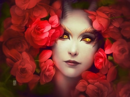 Lying on Red Roses - abstract, lady, red, redroses, fantasy