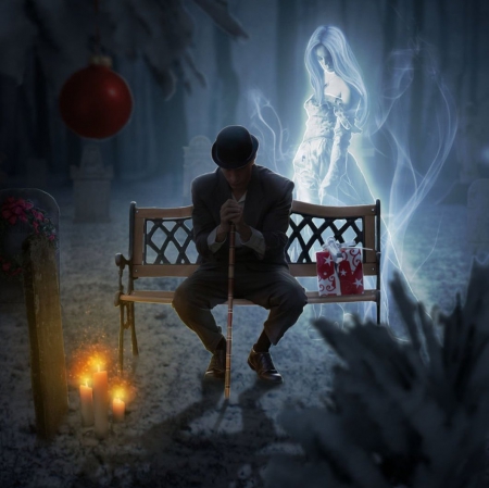 A Lonely Day - fantasy, ghost, lady, candle, bench, man, shadow