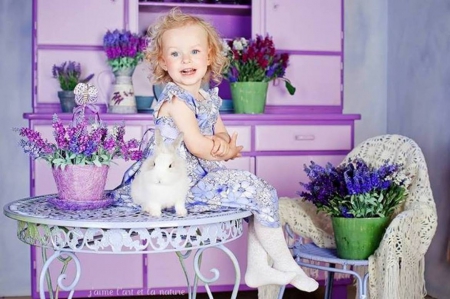 Purple Child - purple, table, child, flowers, cute