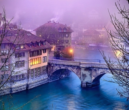 River Bridge - beauty, water, buildings, mist, bern, evening, river, blue, chanel, bridge, lights