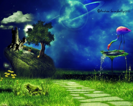 ~World on the Planets~ - photomanipulation, sky, animals, paradise, frog, sidewalk, creative pre-made, cool, clouds, castle, digital art, grass, planet, surreal, butterflies, attractions in dreams, flamingo, stunning, bird, nature, grassy mound, love four seasons, blue, beautiful, colors, flowers, world views