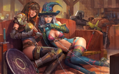 Partners - pretty, anime, warrior, wood, brown, bar, aqua, purple, shield, women, hat, game, beautiful, beauty, girls, witch, fantasy, green, cute