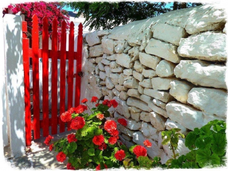 red garden door - flowers, garden, red door, architecture, stone wall