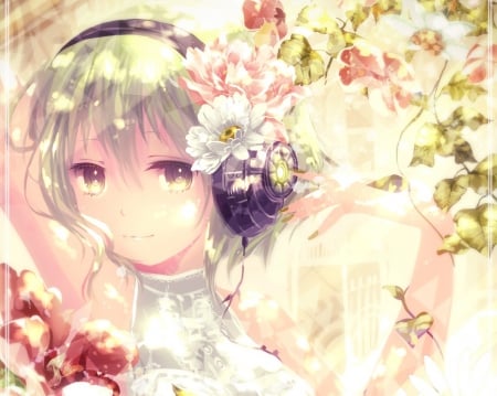 Gumi - nice, beauty, female, hot, anime girl, elegant, gorgeous, sparks, pretty, anime, gumi, cute, short hair, maiden, lady, sexy, girl, light, lovely, divine, vocaloids, glow, floral, headphones, sublime, vocaloid, beautiful, sweet, flower