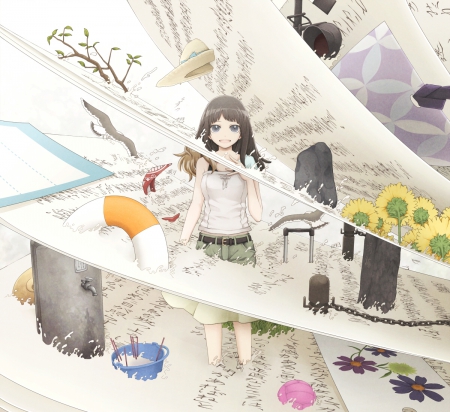 Sheet of Paper - pretty, anime, kawaii, female, dress, long hair, sunflower, nice, anime girl, hot, girl, sundress, lovely, sweet, flower, fantasy, smile, sheet, cute, adorable, floral, paper, sexy