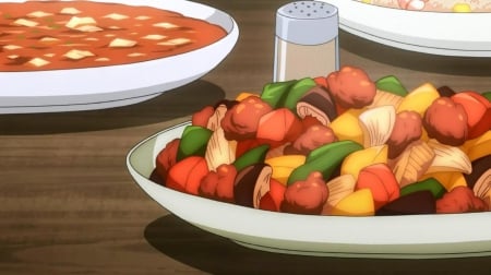 ♡ Food ♡ - pretty, anime, delicious, food, yummy, nice, anime food, meat, soup, shaker, beautiful, pepper, beauty, lovely, sweet, tasty, plate, vegetable