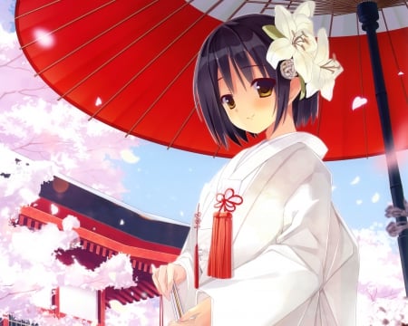 White Kimono - cute, beautiful, hot, anime girl, girl, umbrella, oriental, pretty, kawaii, short hair, beauty, sweet, anime, yukata, nice, lovely, sexy, kimono, female