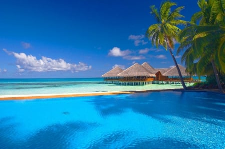 Maldives - nice, sky, tropics, water, vacation, clouds, relax, maldives, ocean, palm trees, travel, palms, tropical, cabins, lovely, huts, exotic, nature, beautiful, rest, island, sea, destination