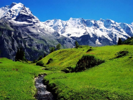 Mountain landscape - nice, slope, sky, freshness, carpet, paradise, greenery, rocks, mountainscape, green, grass, mountain, hills, peaks, lovely, snoqy, nature, beautiful