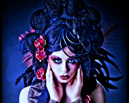 Weird beauty - woman, headdress, flowers, artistic, makeup