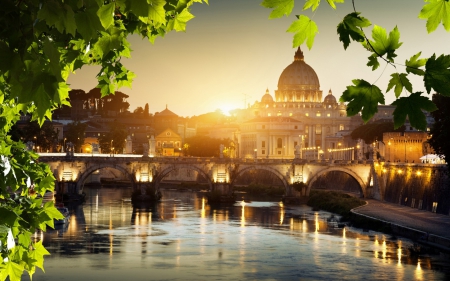 Basilica - river, trees, sunset, photo, basilica, bridge