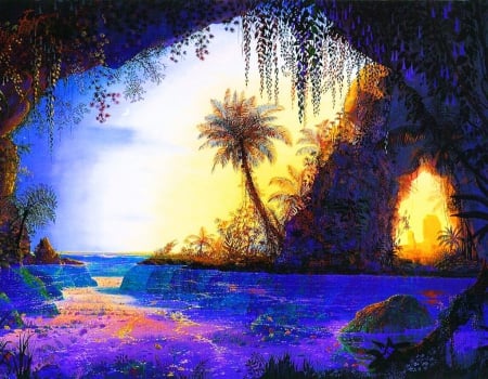 Fairy's Vacation - artwork, tree, colors, palm, sea