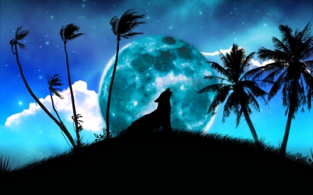 Howling the Moon - hill, palms, wolf, planet