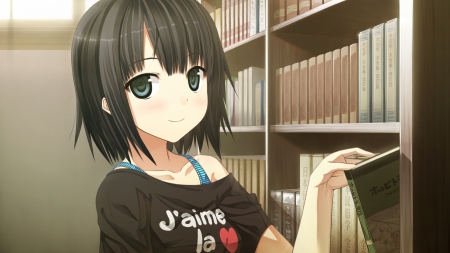 Alishima Alice - library, alishima alice, cant think of a fourth, short hair, black hair, book