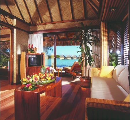 Tropical Contemporary Beach Bungalow Bora Bora - wood, island, polynesia, interior, tahiti, bungalow, exotic, paradise, hotel, luxury, water, beautiful, resort, architecture, islands, wooden, tropical, bora bora, modern, contemporary