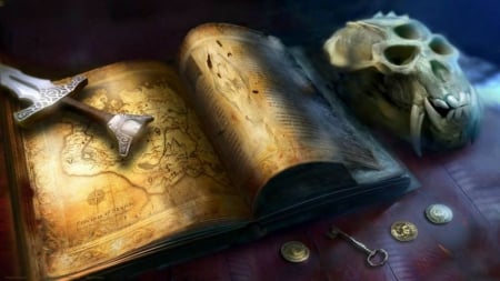 Province of Skyrim - sword, book, wallpaper, fantasy, legend, abstract