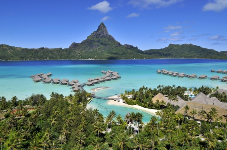 Bora Bora Aerial View - villas, aerial, island, polynesia, south pacific, tahiti, view, atoll, exotic, paradise, hotel, bungalows, water, resort, vista, islands, tropical, bora bora