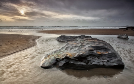 beautiful rock in a tidal pool on a beach - rocks, clouds, pools, beach, sea