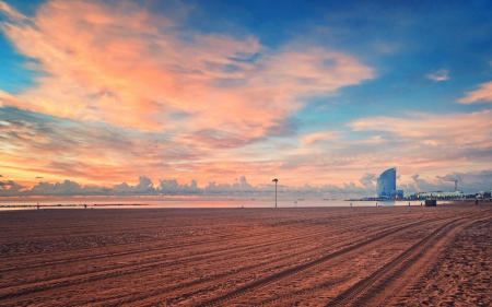 massive raked beach under beautiful sky - beach, pier, clouds, sea, raked