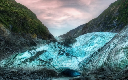 wondrous cave at the tip of a glacier - valley, green, glacier, mountains, hdr, cave