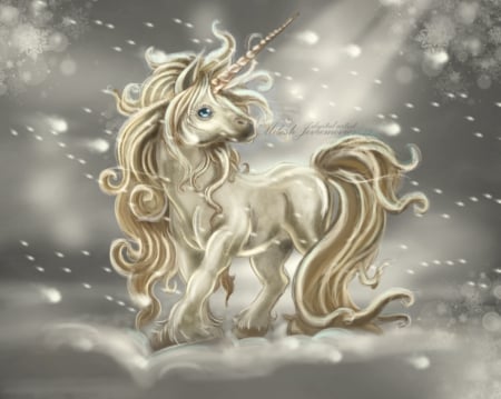 Unicorn in Blizzard - abstract, blizzard, fantasy, unicorn