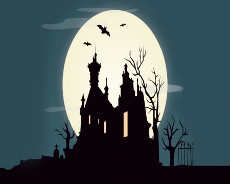 A Hunted House - Moon, Tree, Bats, Halloween, House