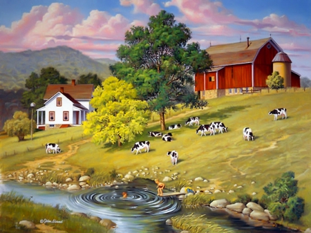 Good old summertime - nice, cottage, farm, sky, animals, summertime, peaceful, countryside, water, stream, creek, calm, painting, art, quiet, pretty, river, house, grass, old, good, summer, shore, lovely, serenity, village, cows, beautiful, cabin, barn