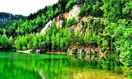 Green lake - quiet, tranquil, reflection, crystal, mountain, shore, cliffs, lake, nice, emerald, sky, greenery, trees, water, beautiful, mirrored, lovely, nature, green, clear, serenity, rocks