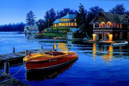 Legends at bay - quiet, coast, blue, cabin, boat, tranquil, reflection, calmness, shore, lake, art, cottage, legends, nature, lights, painting, dusk, bay