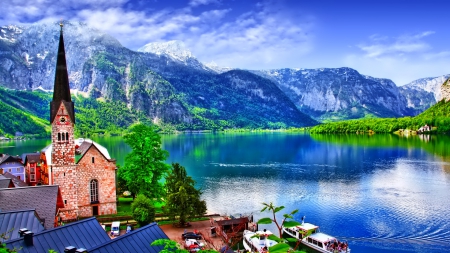 Lake - lake, trees, church, mountagne, blue, tree