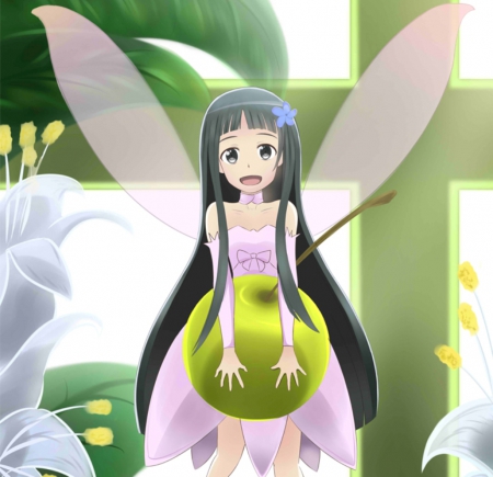 Green Cherry - pretty, anime, kawaii, female, wing, cherry, pixie, dress, pink, long hair, yui, happy, sword art online, fruit, sao, nice, anime girl, girl, sundress, lovely, sweet, smile, green, wings, fairy, black hair, cute, adorable