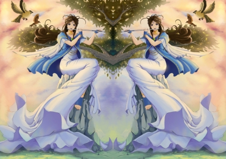 Belldandy - pretty, bird, anime, elegant, divine, female, maiden, dress, long hair, animegirl, belldandy, gorgeous, kaleidoscope, flute, nice, ah my goddes, gown, beautiful, hot, girl, beauty, lovely, brown hair, sweet, tree, oh my goddess, cute, sexy