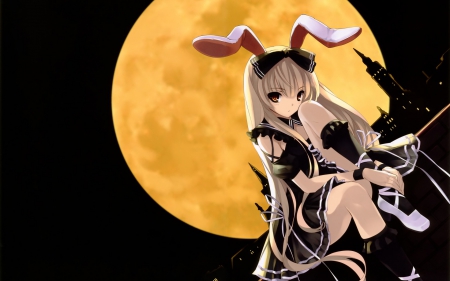 Bunny Girl Under the Moon - beauty, sky, hq, black, bunny, white, pretty, yellow, castle, anime, cute, rabbit ears, moon, girl, night, long hair, lovely, buildings, hd, beautiful, tie, city, sweet, bunny ears, dress