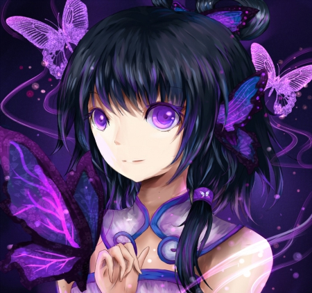 Purple Sweet Girl - pretty, anime, butterflies, beautiful, girl, beauty, lovely, sweet, black, purple, cute